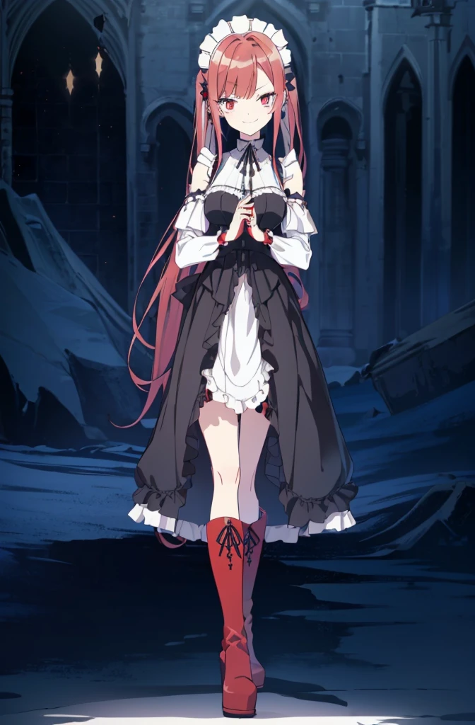 [(cathedral background:1.4)::5],original,(illustration:1.1),(best quality),(masterpiece:1.1),(extremely detailed CG unity 8k wallpaper:1.1), (colorful:0.9),(mid shot:0.95),(full body:1.5),Dynamic angle,(solo:1.2), (girl),((adult)), (detailed beautiful eyes:1.15), (beautiful face:1.15), (glowing red eyes:1.25////),((red medium hair)),(blunt bangs),(high twintails),(+perfect hand+:1.21),(Draw an illustration of a gothic girl),(Religious),(slender),(black boots on her feet),((is wearing white maid clothes)),(furious), Lace Off-shoulder lolita fashion,beautiful slender woman,((evil smile)),adult,thin legs,((red hair)),((black boots)),