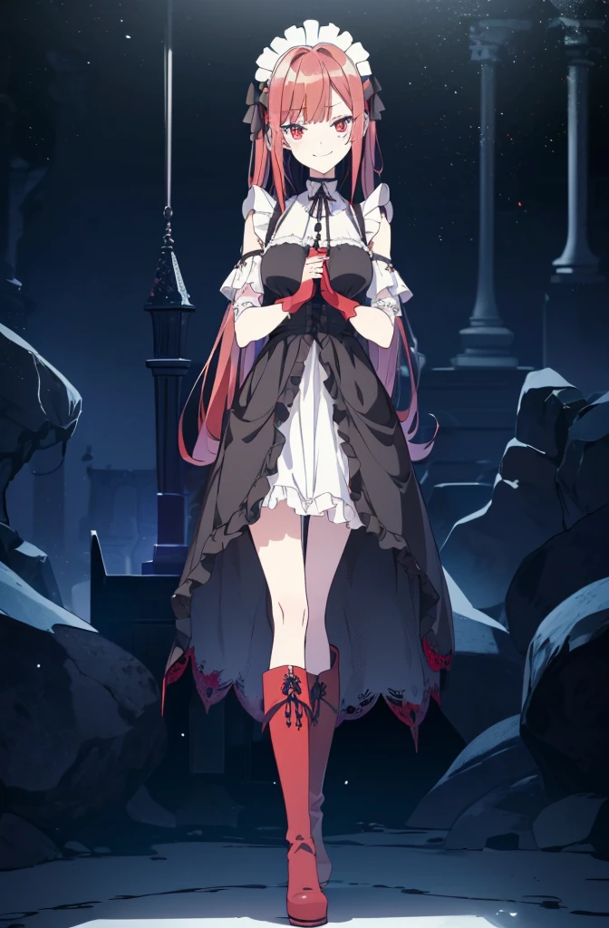 [(cathedral background:1.4)::5],original,(illustration:1.1),(best quality),(masterpiece:1.1),(extremely detailed CG unity 8k wallpaper:1.1), (colorful:0.9),(mid shot:0.95),(full body:1.5),Dynamic angle,(solo:1.2), (girl),((adult)), (detailed beautiful eyes:1.15), (beautiful face:1.15), (glowing red eyes:1.25////),((red medium hair)),(blunt bangs),(high twintails),(+perfect hand+:1.21),(Draw an illustration of a gothic girl),(Religious),(slender),(black boots on her feet),((is wearing white maid clothes)),(furious), Lace Off-shoulder lolita fashion,beautiful slender woman,((evil smile)),adult,thin legs,((red hair)),((black boots)),