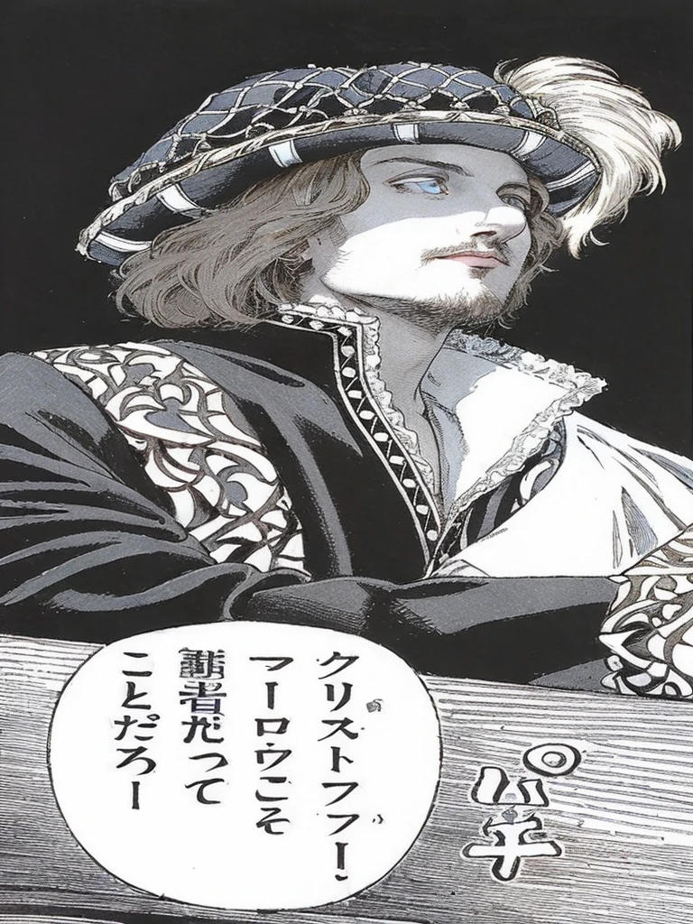 Portrait of Christopher Marlowe, extremely detailed face, white skin, piercing icy blue eyes, silky golden-brown hair, refined features, charp jawline, clean shaved, black Elizabethan velvet jerkin, white laced shirt, Art Nouveau style, Mucha style, Mucha background, realism, high quality