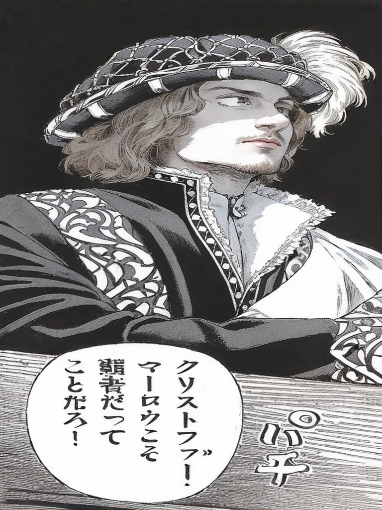 Portrait of Christopher Marlowe, extremely detailed face, white skin, piercing icy blue eyes, silky golden-brown hair, refined features, charp jawline, clean shaved, black Elizabethan velvet jerkin, white laced shirt, Art Nouveau style, Mucha style, Mucha background, realism, high quality