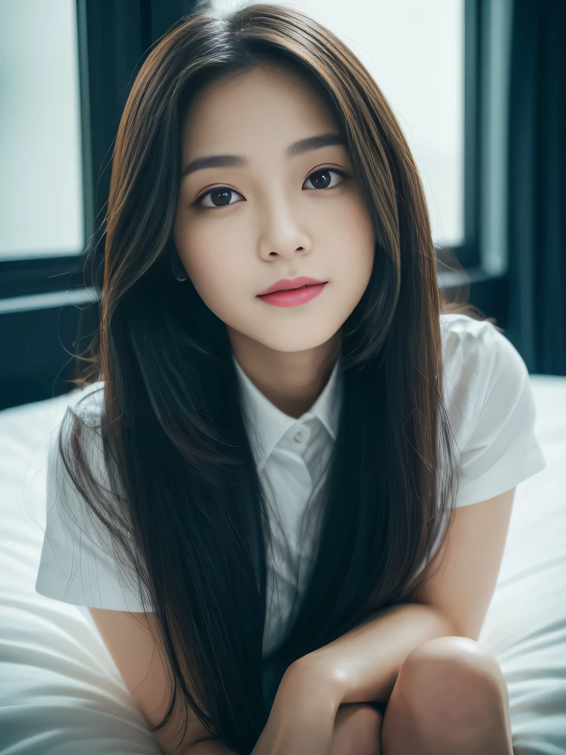 ((top-quality, 8K, ​masterpiece:1.3)), beautiful Girl, pure, Melon face, gentle and cute, A sweet smile, pure lust, slender figure, (The upper part of the body), (frontage), (tilted head), Look directly at the camera, Uniforms, white shirt, blue skirt, obi, Formal, Black silky long straight hair, long hair flowing over the shoulders, round black big eyes, clear big eyes, Wet red lips, Dolce, sitting on bed,  Window sill background, Random body orientation,