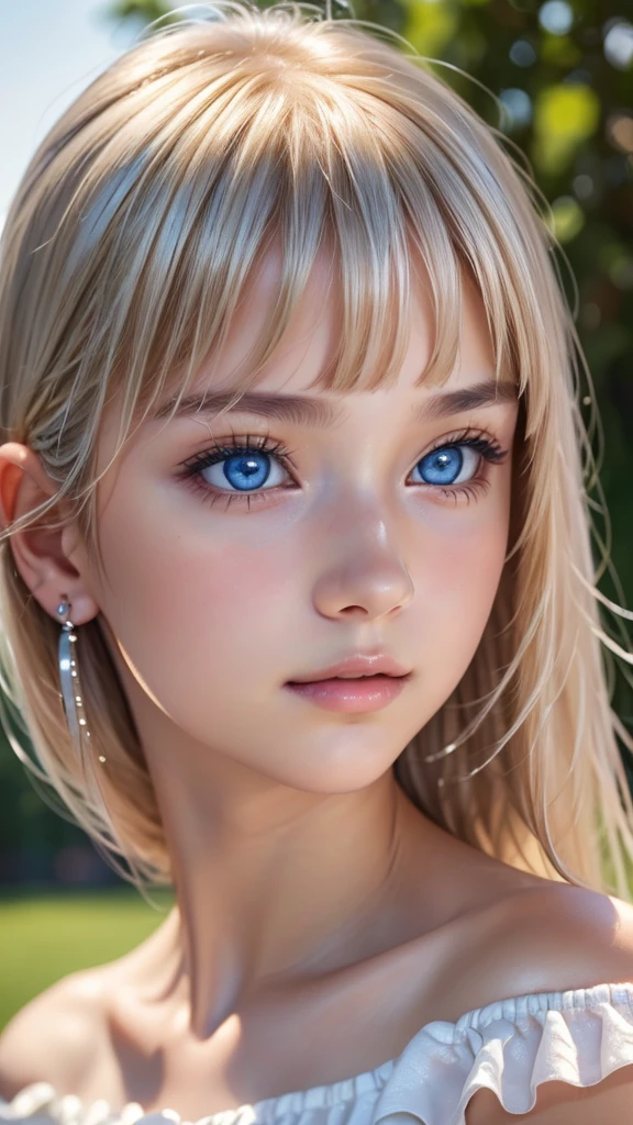 ((sfw: 1.4)), (( detailed face, cute face, detailed face, professional photography)), ((from side)), (( off-the-shoulder top)), (( Shiny platinum blonde silk hair, beautiful shiny bangs, big clear sky blue eyes, very beautiful bright eye highlights, earrings, 1 Girl)), Ultra High Resolution, (Realistic: 1.4), RAW Photo, Best Quality, (Photorealistic Stick), Focus, Soft Light, ((15 years old)), (( (young face))), (surface), (depth of field), masterpiece, (realistic), woman, bangs, ((1 girl))