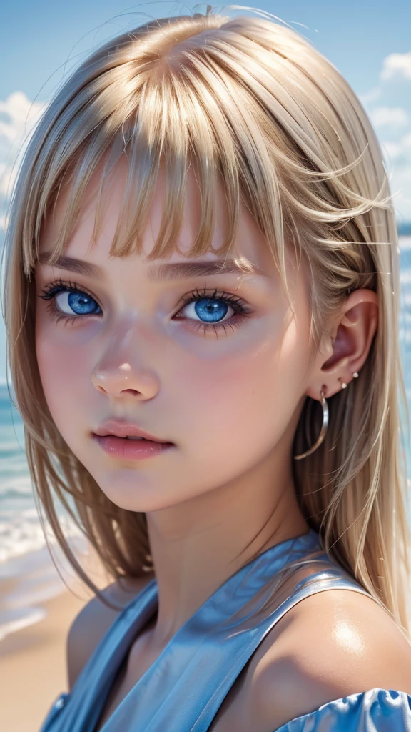 ((sfw: 1.4)), (( detailed face, cute face, detailed face, professional photography)), ((from side)), (( off-the-shoulder top)), (( Shiny platinum blonde silk hair, beautiful shiny bangs, big clear sky blue eyes, very beautiful bright eye highlights, earrings, 1 Girl)), Ultra High Resolution, (Realistic: 1.4), RAW Photo, Best Quality, (Photorealistic Stick), Focus, Soft Light, ((15 years old)), (( (young face))), (surface), (depth of field), masterpiece, (realistic), woman, bangs, ((1 girl))