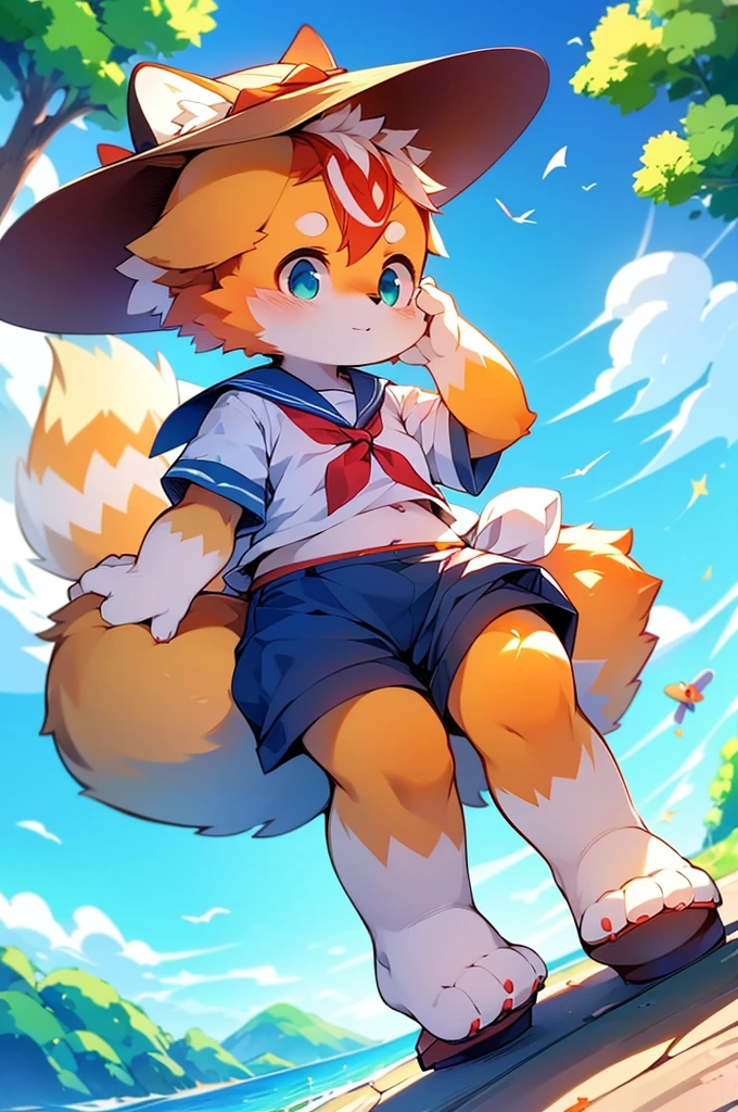 4K quality,High resolution, Female Red Panda, Ocean, Appeared wearing a sailor uniform! Sitting,fly in the sky, Two legs,Stand on your feet,Furry,(Dagashi: 1.1),