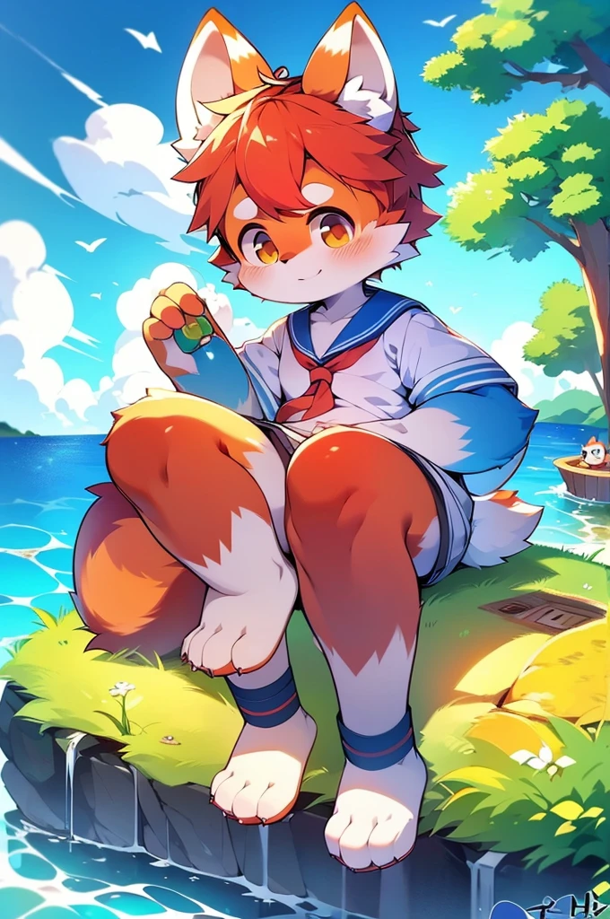 Female Red Panda, Ocean, Appeared wearing a sailor uniform!　　 Sitting,fly in the sky，