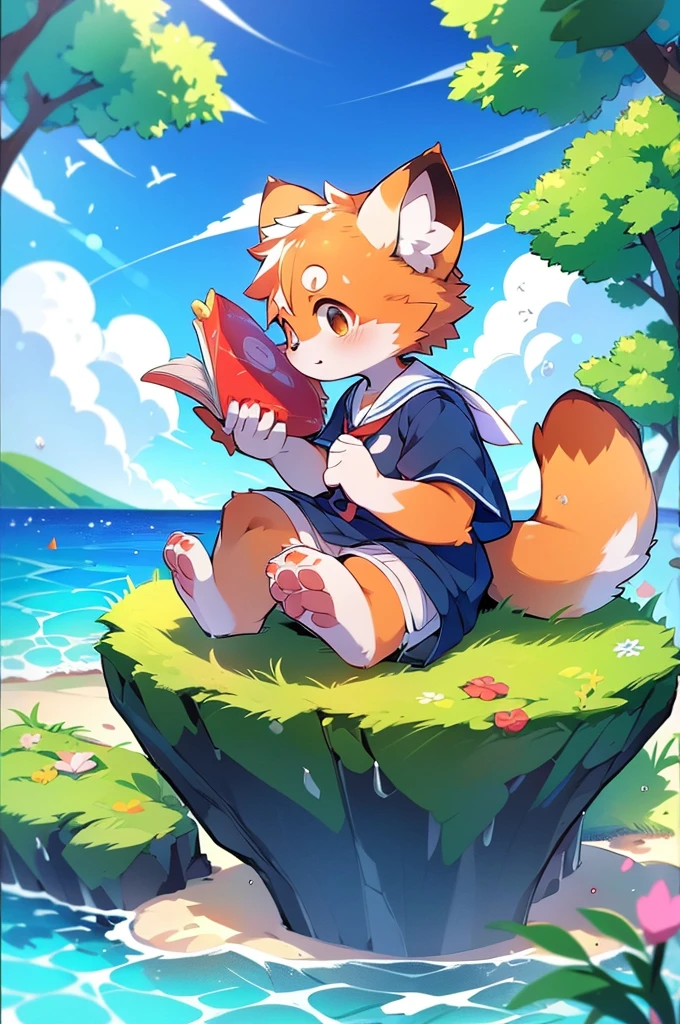 4K quality,High resolution, Female Red Panda, Ocean, Appeared wearing a sailor uniform! Sitting,fly in the sky, Two legs,Stand on your feet,Furry,(Dagashi: 1.1),