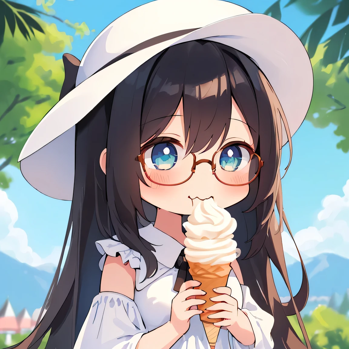 ((Masterpiece)), ((top quality)), very detailed, animated style illustration, fantasy, (chibi:1.4), 1girl, cute girl, solo, (beautiful eyes), beautiful black hair, long hair, slim, slender, medium breast, glasses, (white sundress), (white floppy hat:1.2), (eating a soft serve ice cream:1.3), outdoor, Background like Roman Holiday.