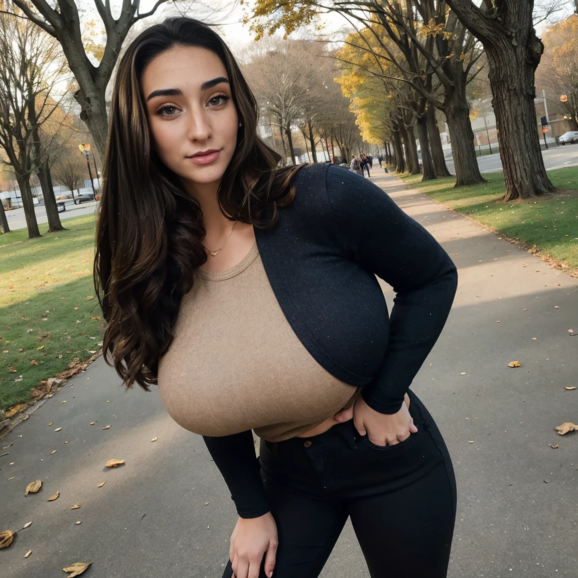 Extremely busty thin and toned brunette photographer, college girl, fair skin, long hair, soft face, athletic, tight long-sleeve low-cut dark blue top, tight beige pants. standing outdoors, city park, trees, cleavage
