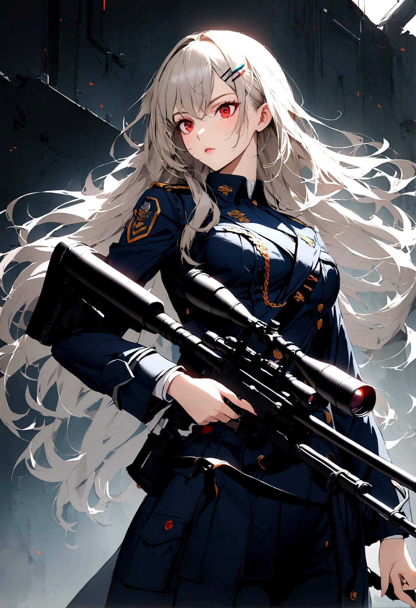 1girl, dark blue military uniform, grey blond hair, long hair, red Eyes, hairclip, sniper rifle,