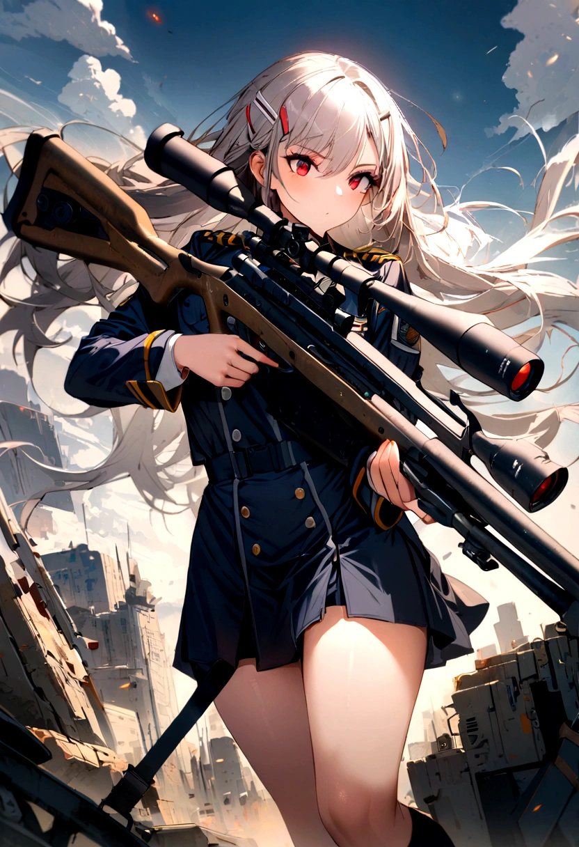 1girl, dark blue military uniform, grey blond hair, long hair, red Eyes, hairclip, sniper rifle,