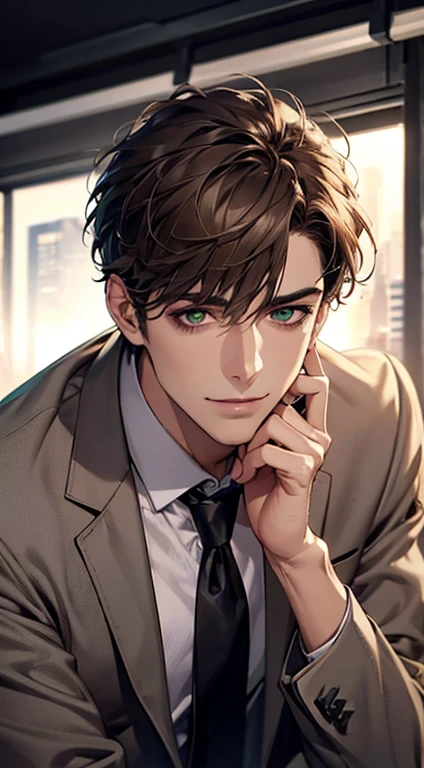 (Highest quality,4K,8K,High resolution,masterpiece:1.2),Super detailed,(Realistic,photoRealistic,photo-Realistic:1.37),1 person,31 years old,Mature Men,Beautiful skin、very handsome,Expressionless,smile,Short gray brown hair,green eyes,Sharp Eyes,A perfect face without a doubt,Businessman,Office Background,Cinema Lighting,HDR image,tie、