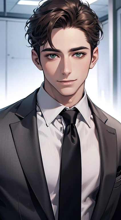 (Highest quality,4K,8K,High resolution,masterpiece:1.2),Super detailed,(Realistic,photoRealistic,photo-Realistic:1.37),1 person,31 years old,Mature Men,Beautiful skin、very handsome,Expressionless,smile,Short gray brown hair,green eyes,Sharp Eyes,A perfect face without a doubt,Businessman,Office Background,Cinema Lighting,HDR image,tie、