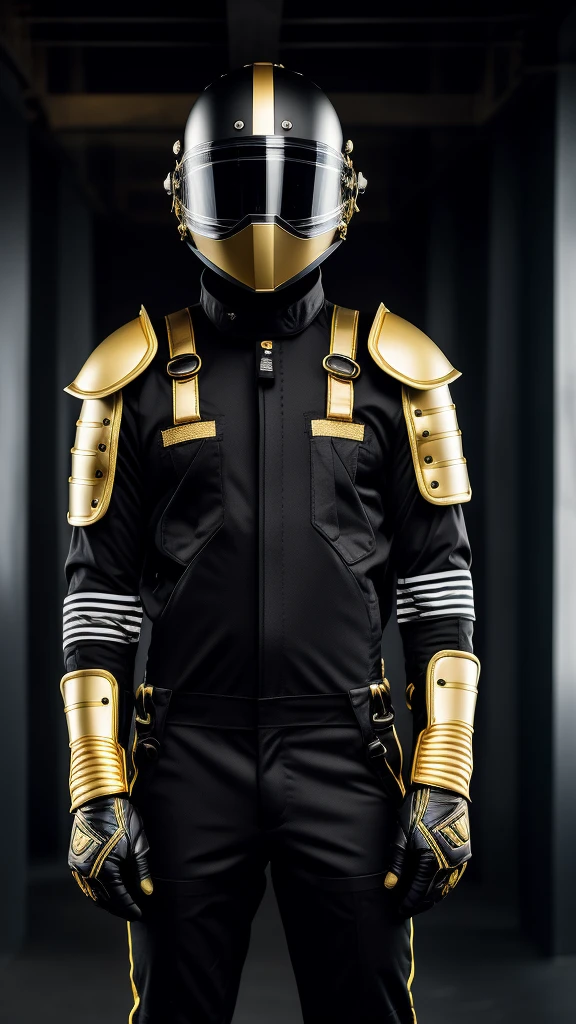 A avatar of a tall man, a misterious racer, stands trusting in a black racing helmet, adorned with gleaming gold accents, paired with sleek black overalls with a gold vertical stripes and vibrant black gloves, striking a right arm lifted up pose, exuding confidence. in a neutral background. High Quality, Realistic (Helmet)
