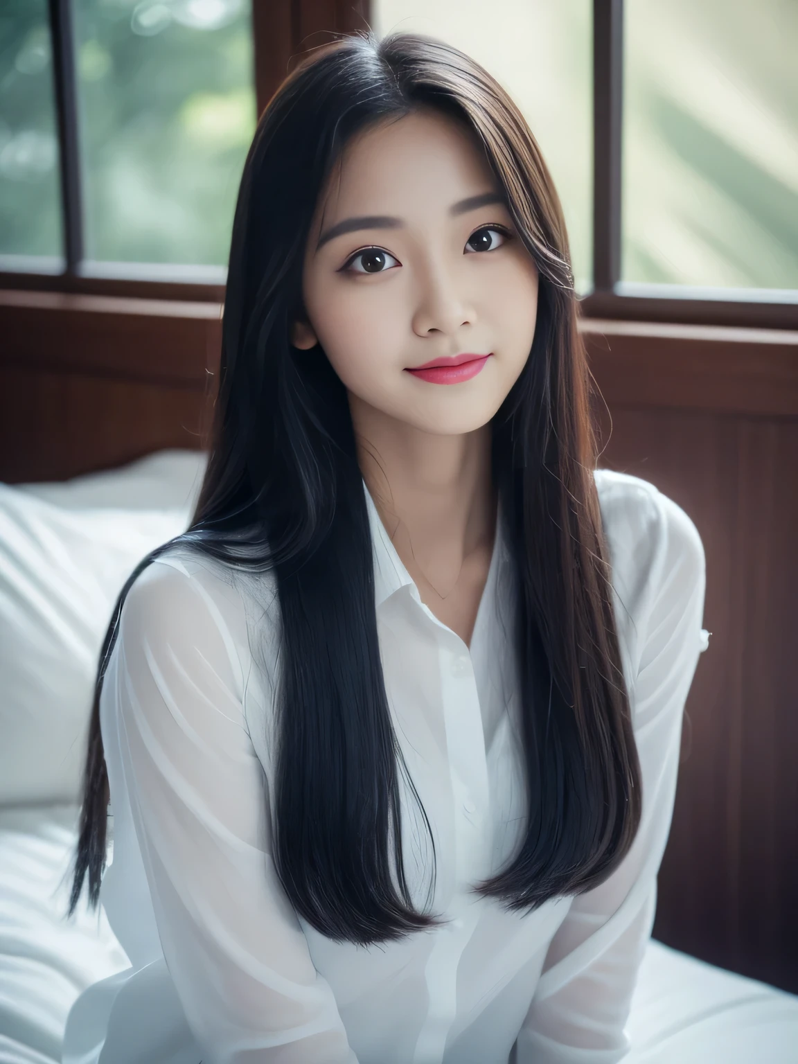 ((top-quality, 8K, ​masterpiece:1.3)), beautiful Girl, pure, Melon face, gentle and cute, A sweet smile, pure lust, slender figure, (The upper part of the body), (frontage), (tilted head), Look directly at the camera, Uniforms, white shirt, blue skirt, obi, Formal, Black silky long straight hair, long hair flowing over the shoulders, round black big eyes, clear big eyes, Wet red lips, Dolce, sitting on bed,  Window sill background, Random body orientation,