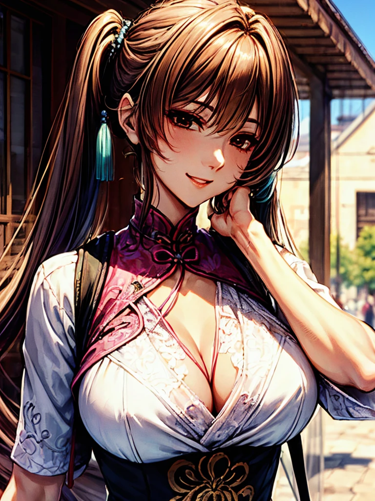 top-quality、tmasterpiece、Very high resolution、super high image quality、High-quality pixels)、perfect eyes, perfect face, perfect body figure,solo,8K, large ,(Detailed description of hair), (Detailed description of face),(Detailed description of body), fair and clear skin, matchless beauty, long legged, light pink hair details expressed, The details have been upgraded, brown hair, twin ponytails, brown eyes, chinese cheongsam, girlfriend ssmile, ancient chinese street