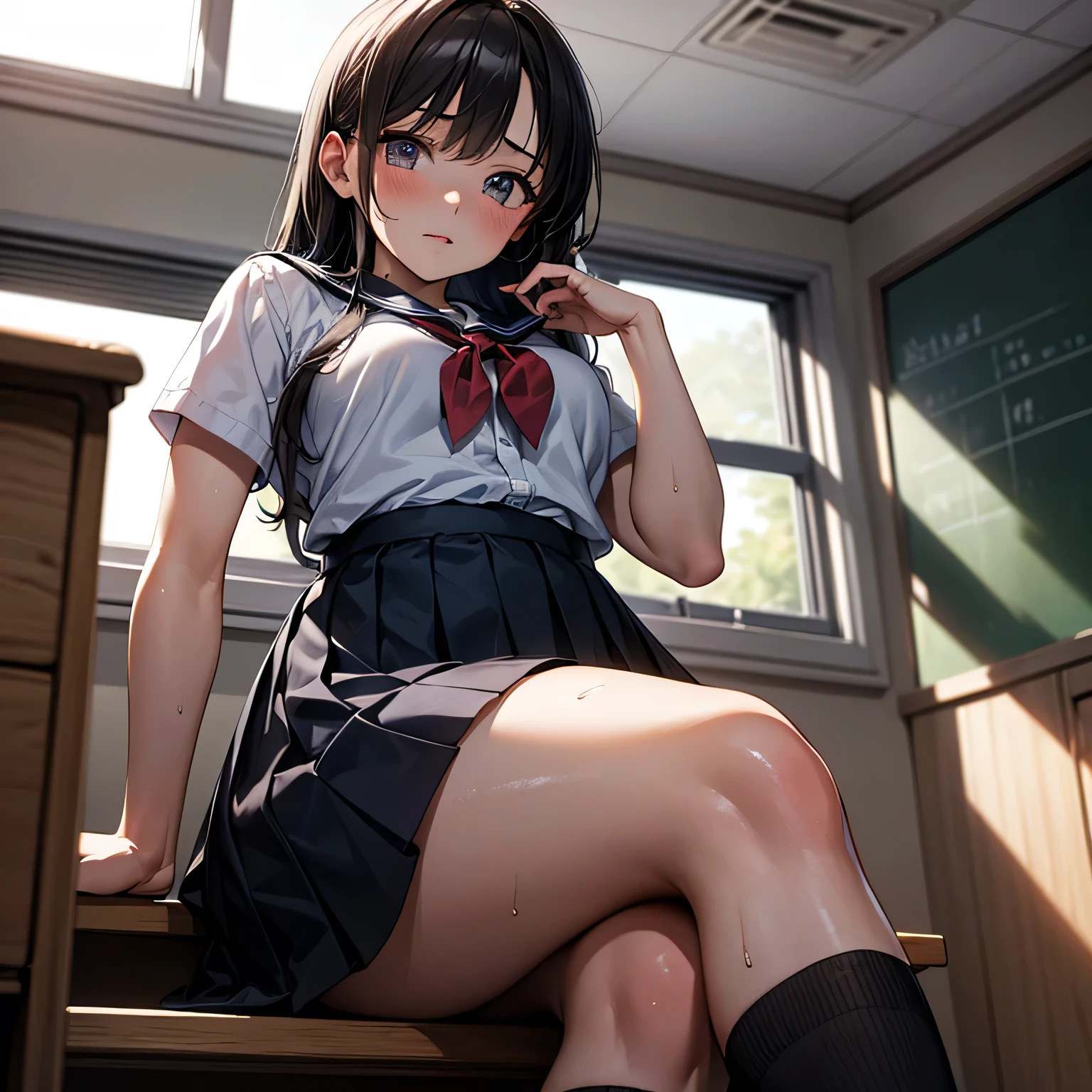 ultra-detailed,best quality,masterpiece,ultra-detailed,high resolution,extremely detailed CG,perfect anatomy,detailed,cinematic lighting,beautiful detailed eyes,ultra high res,1girl,(18 years old:1.4),gleaming skin,oil skin,sweat,humid,trembling,strong light coming in,spot lighting,bright,clothed,(school uniform:1.2),knee-socks,