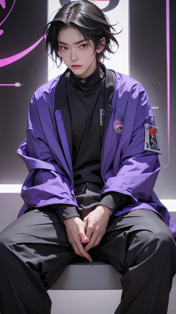 (Highest quality:1.2)。One Man。Angry expression。(Wearing a purple jacket cyberpunk coustem)。(sitting)。The background is a black。(the word SELA is written on his jacket ) short hair