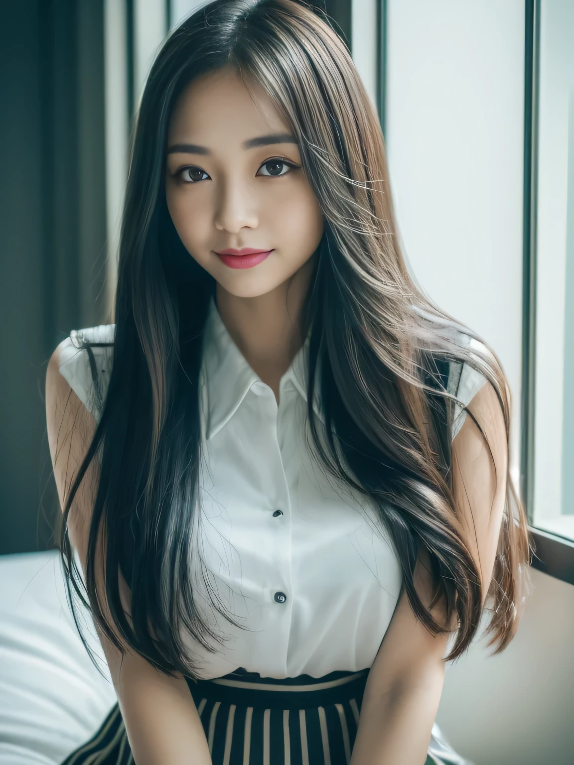 ((top-quality, 8K, masterpiece:1.3)), beautiful Girl, pure, Melon face, gentle and cute, A sweet smile, pure lust, slender figure, (The upper part of the body), (frontage), (tilted head), Look directly at the camera, Uniforms, white shirt, blue skirt, obi, Formal, Black silky long straight hair, long hair flowing over the shoulders, round black big eyes, clear big eyes, Wet red lips, Dolce, sitting on bed, Window sill background, Random body orientation,