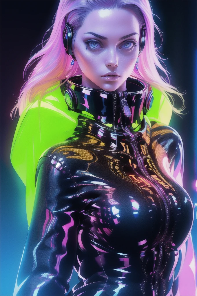 ((Highest quality)), ((masterpiece)), (Very detailed: 1.3), Dark Room, Beautiful Cyberpunk Woman, Wearing headphones, Dynamic configuration, Blue neon lights from the ceiling, Purple neon cord on the wall,
