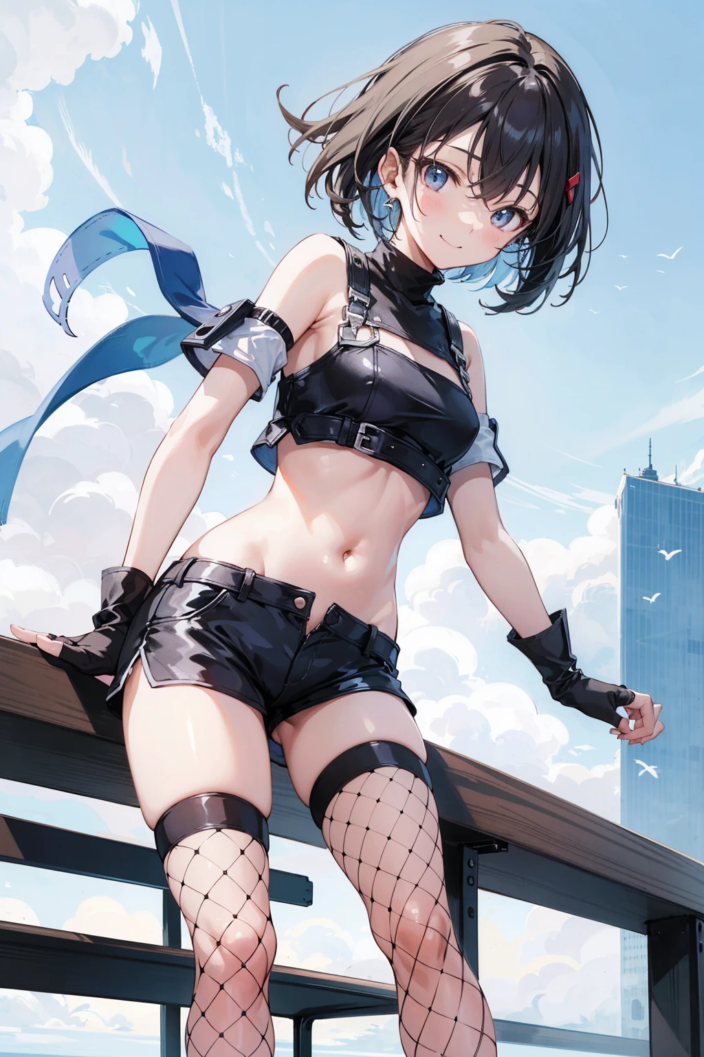 yuffiekisaragi, Yuffie Kisaragi,Haircuts, pixie cut,
壊す crop top, fingerless gloves, fishnet Thighhighs, fishnet, forehead protector, gloves, head band, belly button, short shorts, shorts, single sleeve, single thigh high, No sleeve, No sleeve turtleneck, Thighhighs, turtleneck,
bench、blue sky、smile, solo,rising_leg ,apart_legs