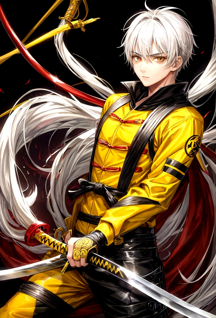  17 year old man white hair brown eyes wearing a yellow striped ninja suit with a red and black katana