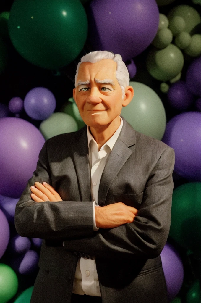 light man, 70 years old, short white hair on the sides and thinning on top, arms crossed, in a dark suit, balloons in the green and purple background