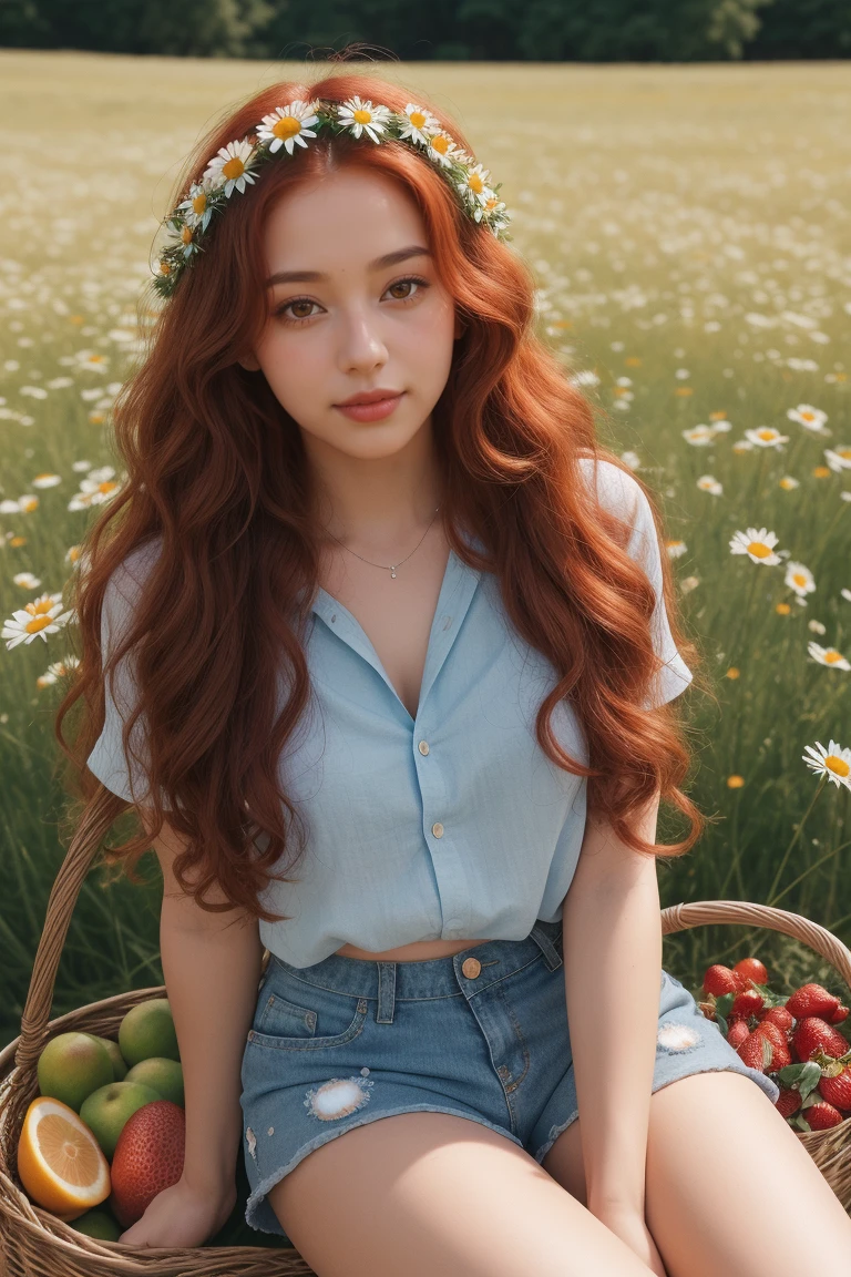(girl:1.2),alone, (Long red curly hair:1.1), Brown eyes, Wear a wreath of daisies on your head, Sitting in a field of daisies, (Fruit basket:1.1), Blue shorts, Red Shirt,,born,photograph,photographの影,Actual,Ridiculous,beautiful,elegant,raku,Shopping Panda
