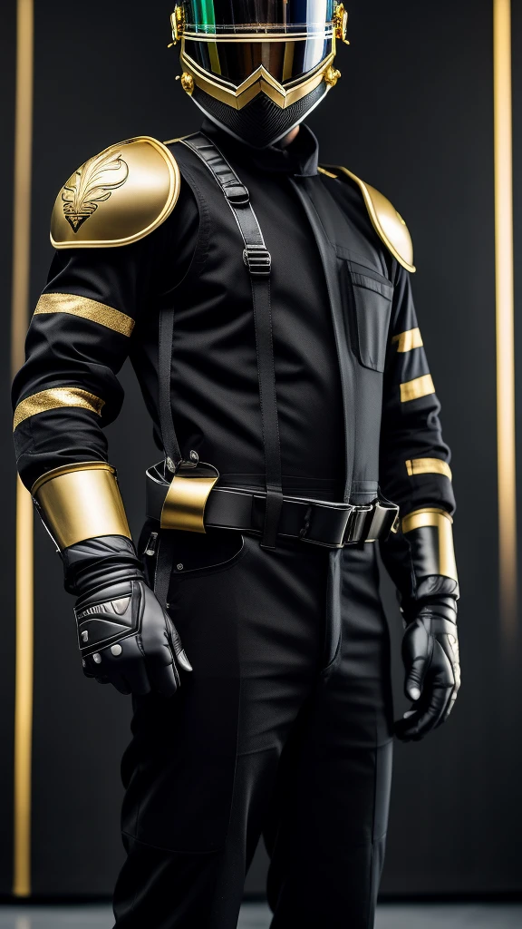 A avatar of a tall man, a misterious racer, stands trusting in a black racing helmet, adorned with gleaming gold accents, paired with sleek black overalls with a gold vertical stripes and vibrant black gloves, striking a right arm lifted up pose, exuding confidence. in a neutral background. High Quality, Realistic (Helmet)