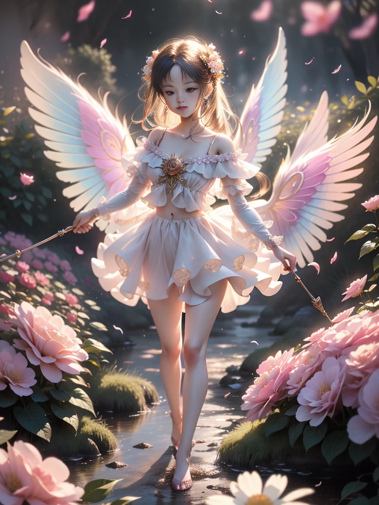 1 moon，Beautiful transparent flower fairy baby, Transparent colorful wings, The wand fluttered in the wind､The wand flashed with starlight，Golden wand，Beautiful blue sky and white clouds、Girls have transparent wings､smile kindly､Beautiful garden background､Gentle and transparent，Anatomical correct, delicate patterns，Pink rose space, gentlesoftlighting, ( bokeh)，tmasterpiece, ultra - detailed, Epic work, Best quality, 8K，Epic Romantic Fantasy Digital Art，Epic fairy tale fantasy digital art，Myths and Fantasy，UHD resolution，Detailed detail drawing，realistically，Very realistic，电影灯光,an award winning photograph,many color，Hyper-realistic texture，dramatic lights