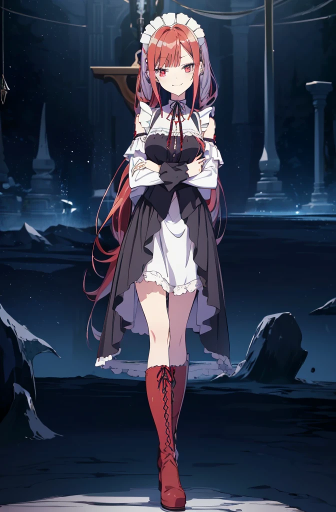 [(cathedral background:1.4)::5],original,(illustration:1.1),(best quality),(masterpiece:1.1),(extremely detailed CG unity 8k wallpaper:1.1), (colorful:0.9),(mid shot:0.95),(full body:1.5),Dynamic angle,(solo:1.2), (girl),((adult)), (detailed beautiful eyes:1.15), (beautiful face:1.15), (glowing red eyes:1.25////),((red medium hair)),(blunt bangs),(high twintails),(+perfect hand+:1.21),(Draw an illustration of a gothic girl),(Religious),(slender),(is wearing boots on her feet),((is wearing white maid clothes)),(furious), Lace Off-shoulder ta fashion,beautiful slender woman,((evil smile)),adult,thin legs,((red hair)),((mini skirt)),
