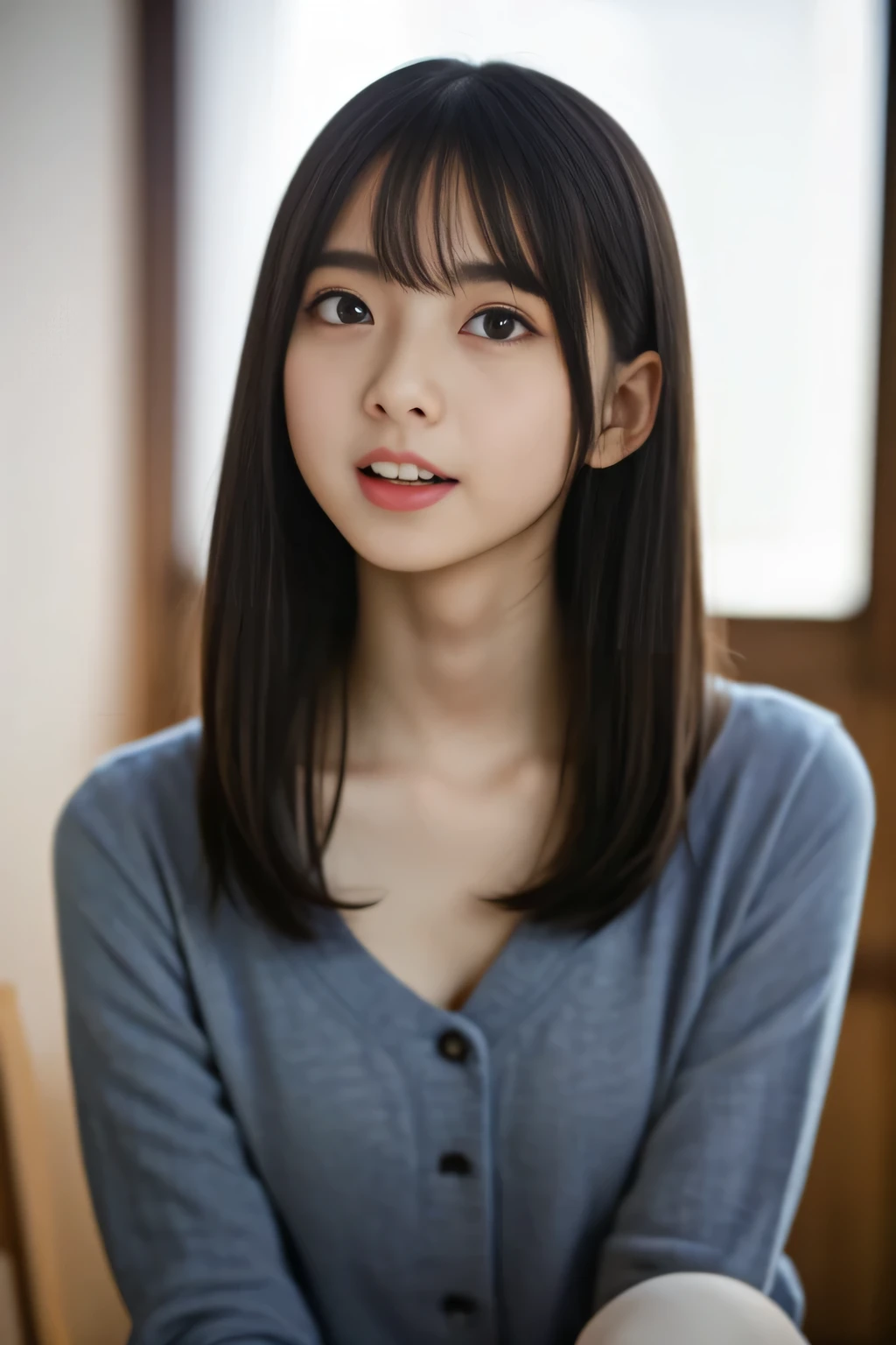 (naked：tits,,１８Year：high school girl:Glowing Skin:::{(Laughter ; Showing teeth:Showing teeth)}、((Big double eyes:1.5))、、{{ Spread your legs、{{sitting on a wooden chair}}},,{Spread your legs:1.5},,(((No pants、pubic hair:1.2)))