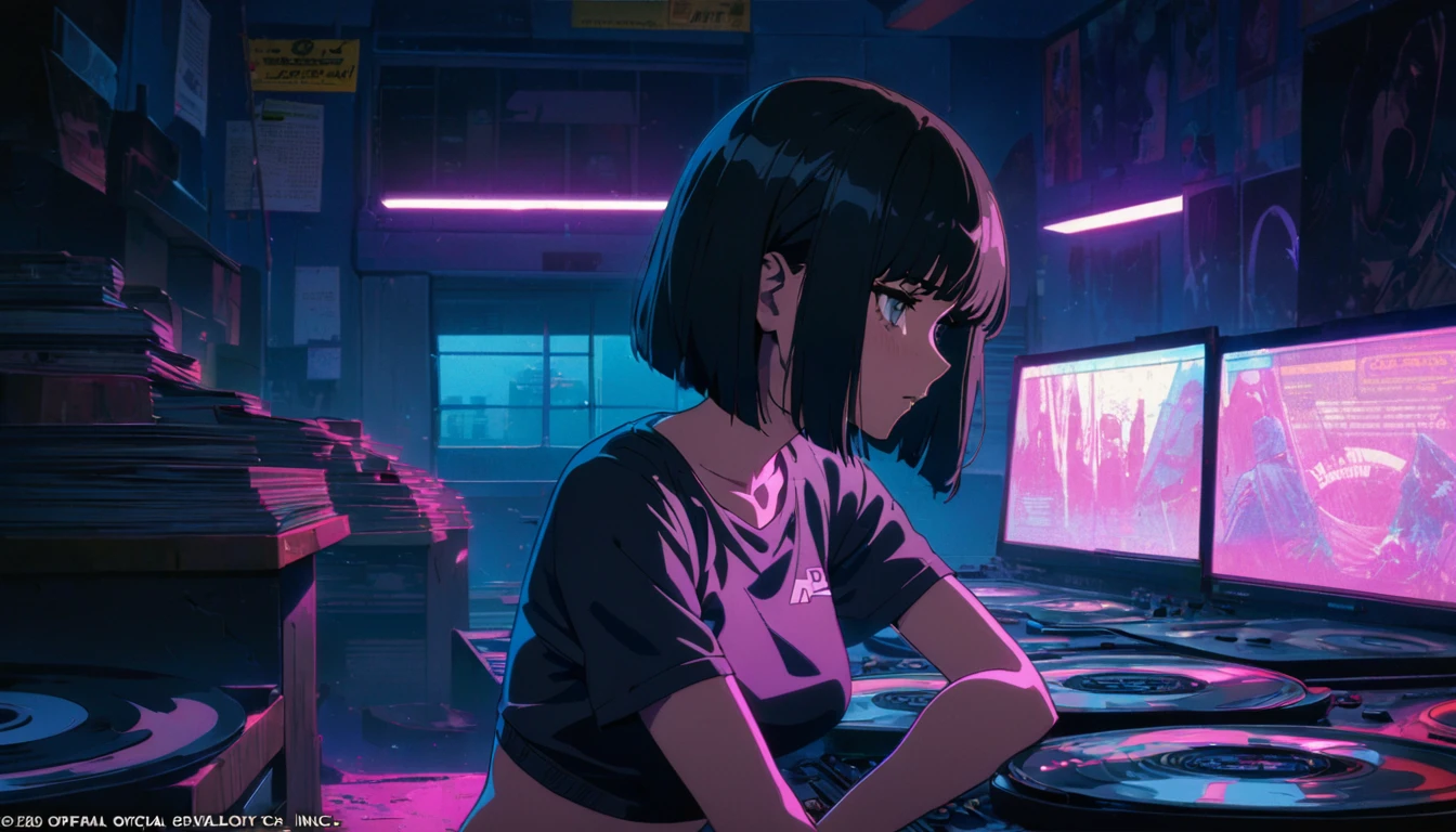 A very detailed beautiful woman, Perfect face,Black Hair, bob cut,Bangs, Gray eyes, Top of crop, Short sleeve, crop top, Super detailed, Retro Wave, Cyberpunk, Sad atmosphere, night light through the window, night vibes, Room, 2d, (long shot), Old comics, (A lot of records:1.3), vinyl plastic record shop, (masterpiece, best quality, best quality, Official Art, beautiful and aesthetic: 1.2), Old anime texture, Solitary, Cyberpunk, vinyl plastic, night