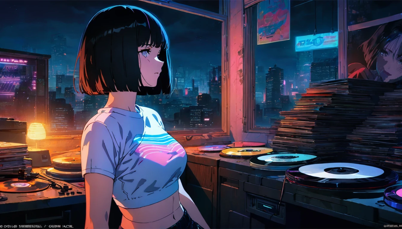 A very detailed beautiful woman, Perfect face,Black Hair, bob cut,Bangs, Gray eyes, Top of crop, Short sleeve, crop top, Super detailed, Retro Wave, Cyberpunk, Sad atmosphere, night light through the window, night vibes, Room, 2d, (long shot), Old comics, (A lot of records:1.3), vinyl plastic record shop, (masterpiece, best quality, best quality, Official Art, beautiful and aesthetic: 1.2), Old anime texture, Solitary, Cyberpunk, vinyl plastic, night