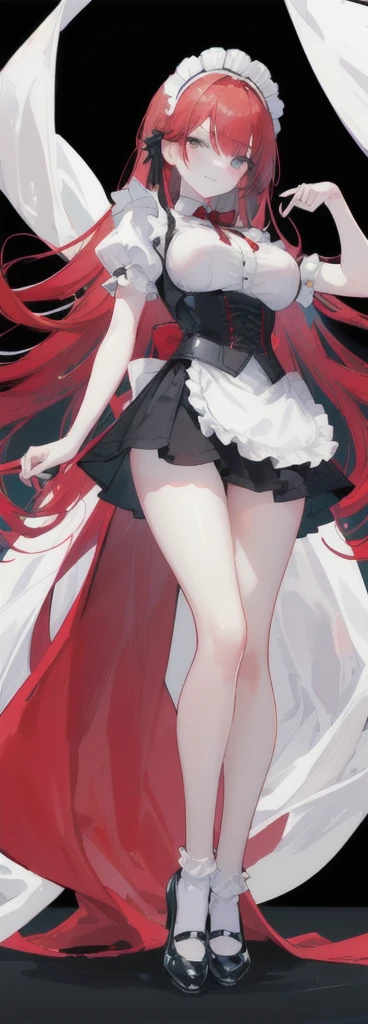 (long beautiful red hair) cyan eyes, (Eyes behind long bangs) big breasts, using accessories (using socks) perfect shiny beautiful reds shoes (Wearing luxurious palace maid clothes Perfect perfect noble)  Pose facing sideways (Girl1, straight hair not too long, bangs covering one eye, soft face, gentle smile) ((Standing position with long legs, bare thighs, image position visible from bottom of feet to top of head) long red hair, beautiful cyan eyes (Free pose, right hand down, left hand down, ((Free pose))smile kawai, (black white background) Wearing a reds corset, (Using a beautiful bright blue ribbon) Kawai shy cute eyes (reds colored shoes must be shiny, Must wear short white socks) ((short skirt)) short sleeves (image according to tag) 