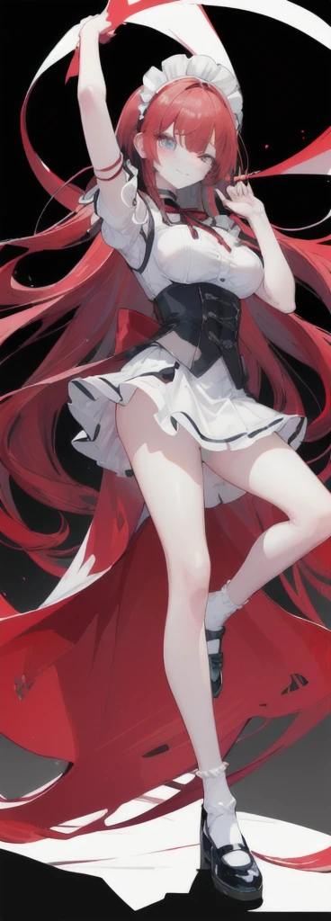 (long beautiful red hair) cyan eyes, (Eyes behind long bangs) big breasts, using accessories (using socks) perfect shiny beautiful reds shoes (Wearing luxurious palace maid clothes Perfect perfect noble) Pose facing sideways (Girl1, straight hair not too long, bangs covering one eye, soft face, gentle smile) ((Standing position with long legs, bare thighs, image position visible from bottom of feet to top of head) long red hair, beautiful cyan eyes (Free pose, right hand down, left hand down, ((Free pose))smile kawai, (black white background) Wearing a reds corset, (Using a beautiful bright blue ribbon) Kawai shy cute eyes (reds colored shoes must be shiny, Must wear short white socks) ((short skirt)) short sleeves (image according to tag)