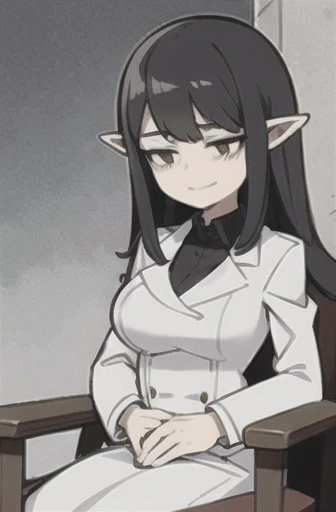 doctor, slender girl, tired ears, white coat, big breasts, tired face, tired bitter smile, black hair, straight hair, sit chair, normal ears