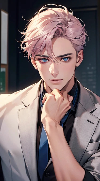 (Highest quality,4K,8K,High resolution,masterpiece:1.2),Super detailed,(Realistic,photoRealistic,photo-Realistic:1.37),1 person,31 years old,Mature Men,Beautiful skin、very handsome,Expressionless,smile,Short gray pink hair,blue eyes,Sharp Eyes,A perfect face without a doubt,Businessman,Office Background,Cinema Lighting,HDR image,tie、