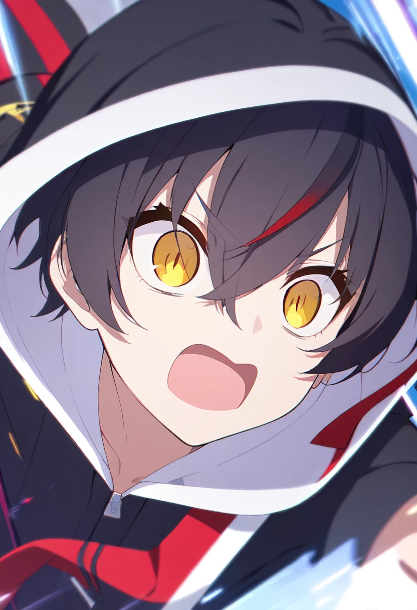 (One cute boy,violet streaked black hair,Shortcuts,yellow eyes,Sharp Eye,Hooded coat,Dynamic Angle)