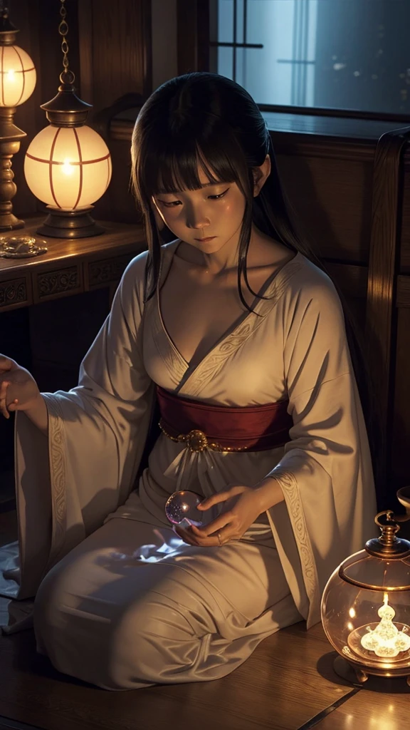 『Spirited Away』The Yubaba、Scene of fortune telling using a crystal ball。Yubaba wears a luxurious robe.、The hand wearing the large ring is touching the crystal ball.。Behind her are rows of luxurious furniture and magical items.、The room is enveloped in a mysterious light.