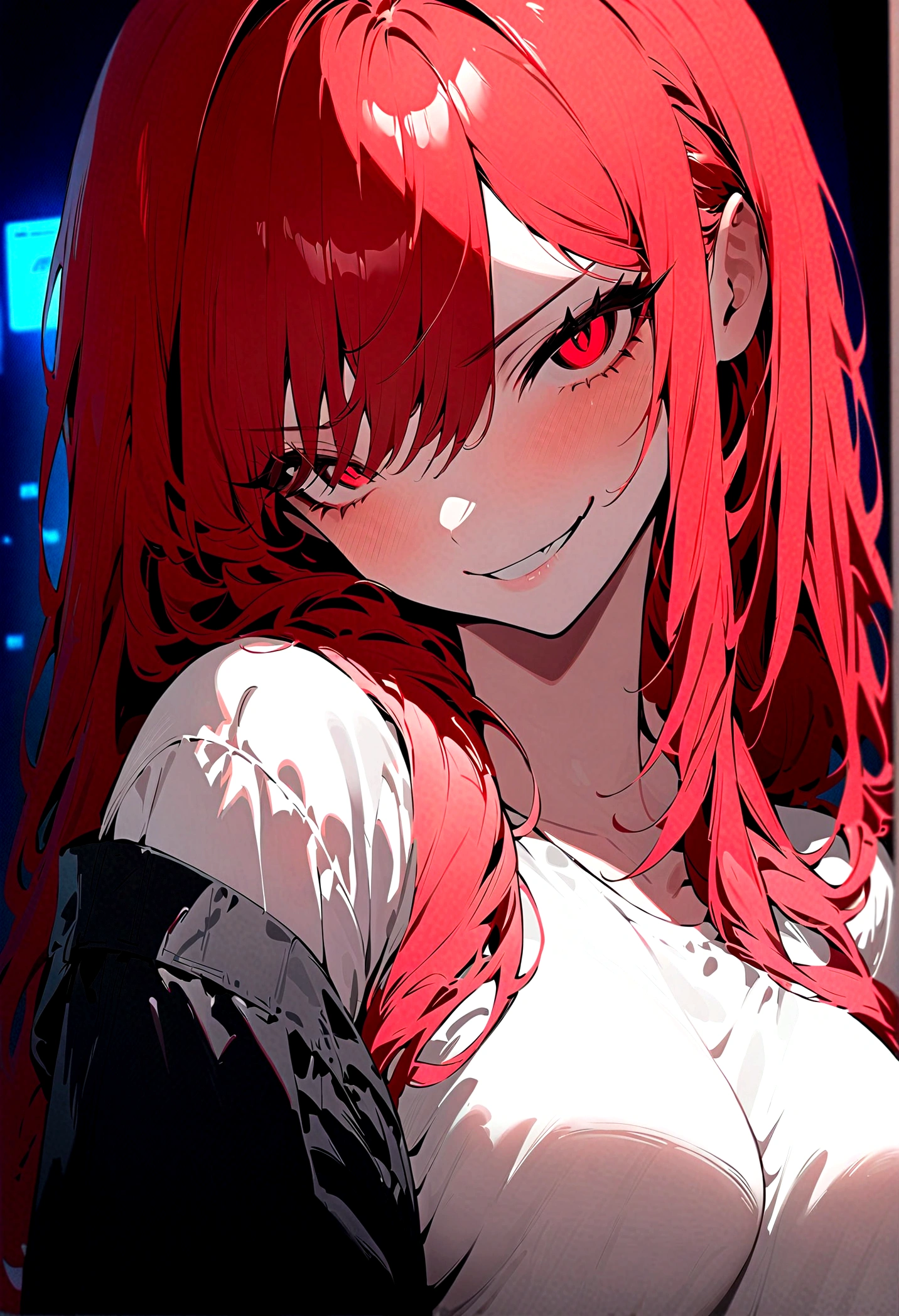 (Masterpiece:1.2, Best Quality), 1 woman, whole body, cyberpunk ropa, Casual, medium breasts,long red hair, minimal makeup,pale,Natural fabrics, closeup face, evil smile, bright red eyes circular pupils,4k high resolution,UHD, detailed lines