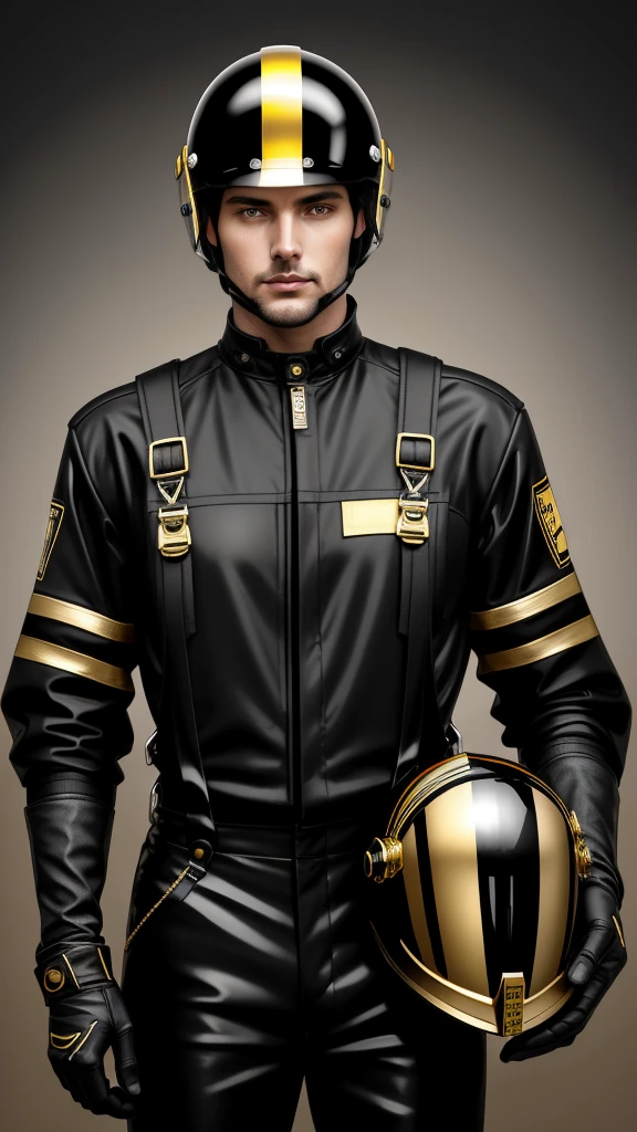 A avatar of a tall man, a misterious racer, stands trusting in a black racing helmet, adorned with gleaming gold accents, paired with sleek black overalls with a gold vertical stripes and vibrant black gloves, striking a right arm lifted up pose, exuding confidence. in a neutral background. High Quality, Realistic (Helmet)