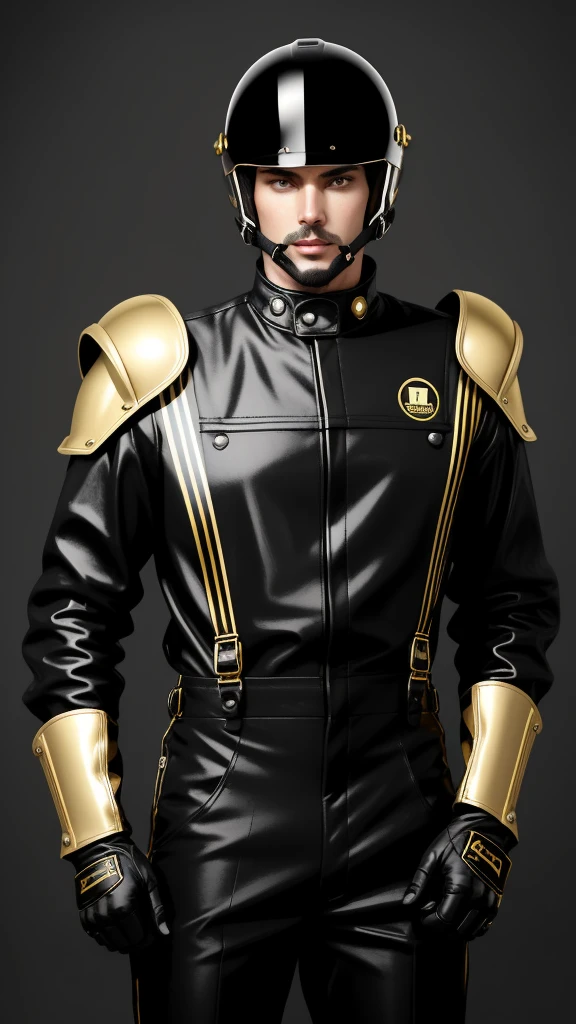 A avatar of a tall man, a misterious racer, stands trusting in a black racing helmet, adorned with gleaming gold accents, paired with sleek black overalls with a gold vertical stripes and vibrant black gloves, striking a right arm lifted up pose, exuding confidence. in a neutral background. High Quality, Realistic (Helmet)