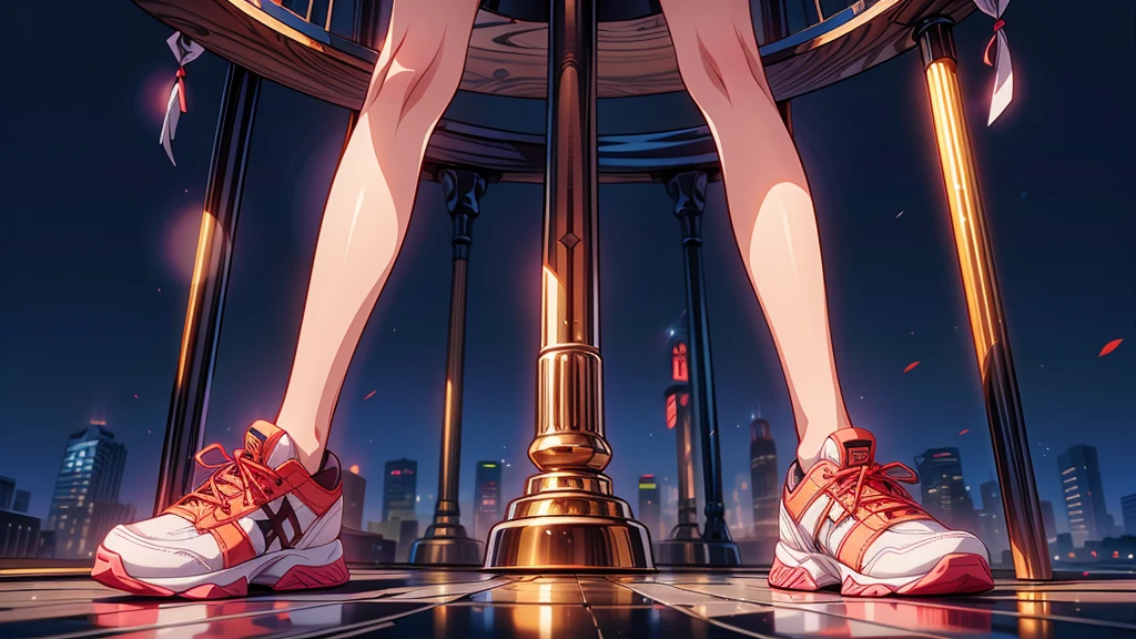 High resolution digital art style with vibrant colors and sharp lines BREAK Characters sitting、An oblique perspective of a woman facing slightly upwards towards the viewer BREAK A young female character with thinning hair, Golden Eyes, Geometric clothing, Modern sneakers BREAK A complex background made up of a maze of orange and black circuit-like patterns.