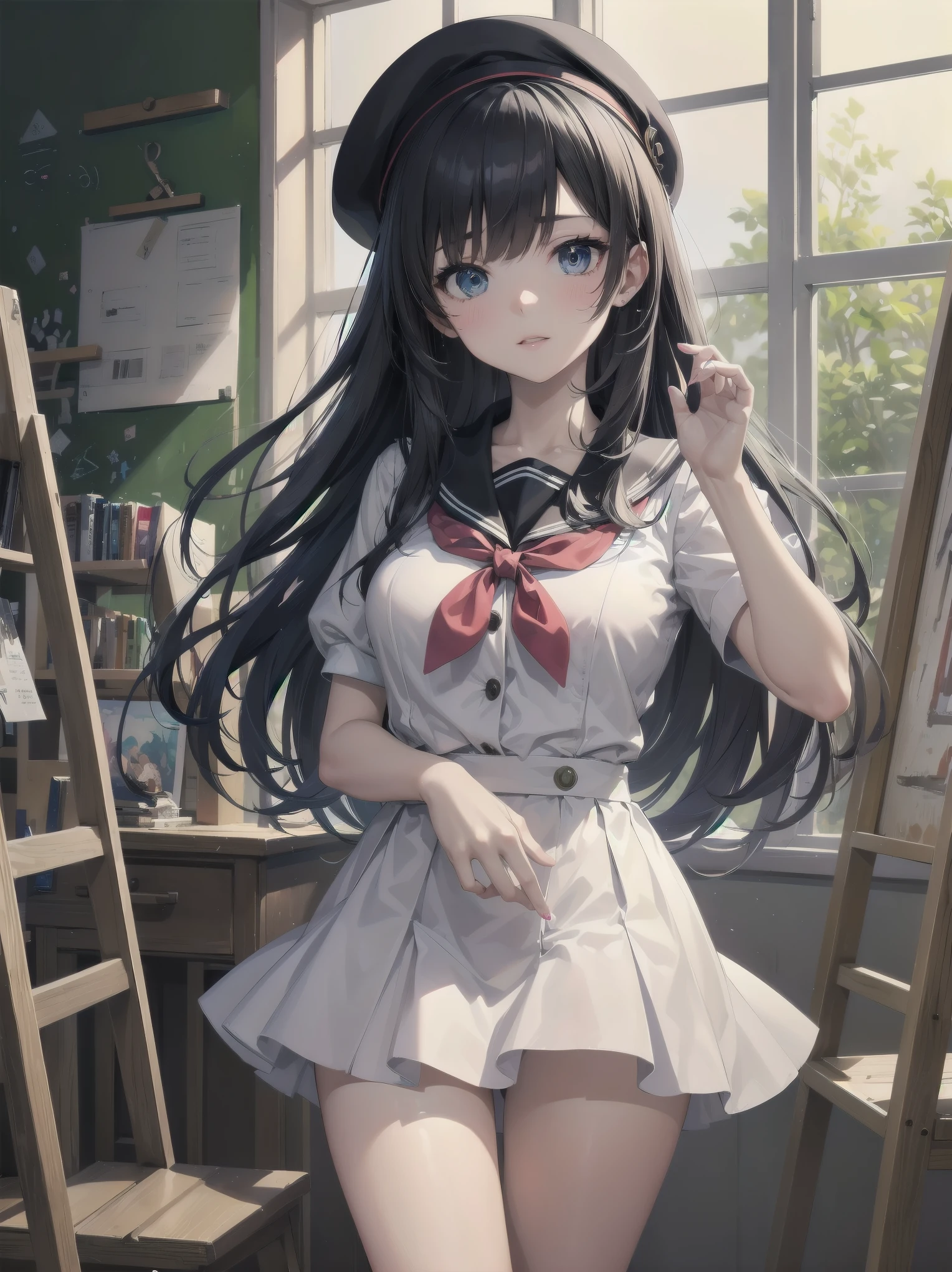 (Masterpiece: 1.2), (Best quality: 1.2), Superb resolution, Very detailed. BREAK. ((Anime girl in artistic school uniform)), clear girl, (1, Creative, 16 years old: 1.3), dreamy expression, artistic pose, multicolored hair, unique eyes, slender figure, (Top quality: 1.2), very high resolution, very detailed. Expressive eyes, beautifully detailed lips, high resolution detailed hair, perfect face, smooth skin, paint-stained fingers, perfect lighting. BREAK. ((Artistic uniform with paint splatter design)), ((White smock, colorful paint-splattered skirt: 1.3)), palette-shaped buttons, beret. BREAK. (Art classroom), easels, paintings, art supplies, large windows, (cowboy shot view: 1.2). BREAK. ((Positive: 1.3)). BREAK. Digital animation art, artistic anime style illustration