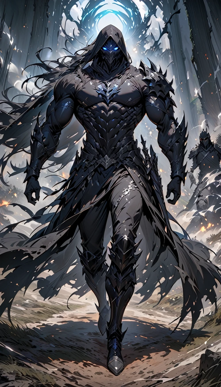 male black shadow ghost knight walking away from a battlefield, shadow, black, knight, ghost knight, full body view, Facing the front, shadow knight, glowing blue eyes,ชุดเกราะknightสีดํา , ผ้าคลุมขนสัตว์black(Masterpiece,best quality,special, (Broad shoulders)) (muscle), black smoke, dark, Masterpiece, Masterpiece lighting