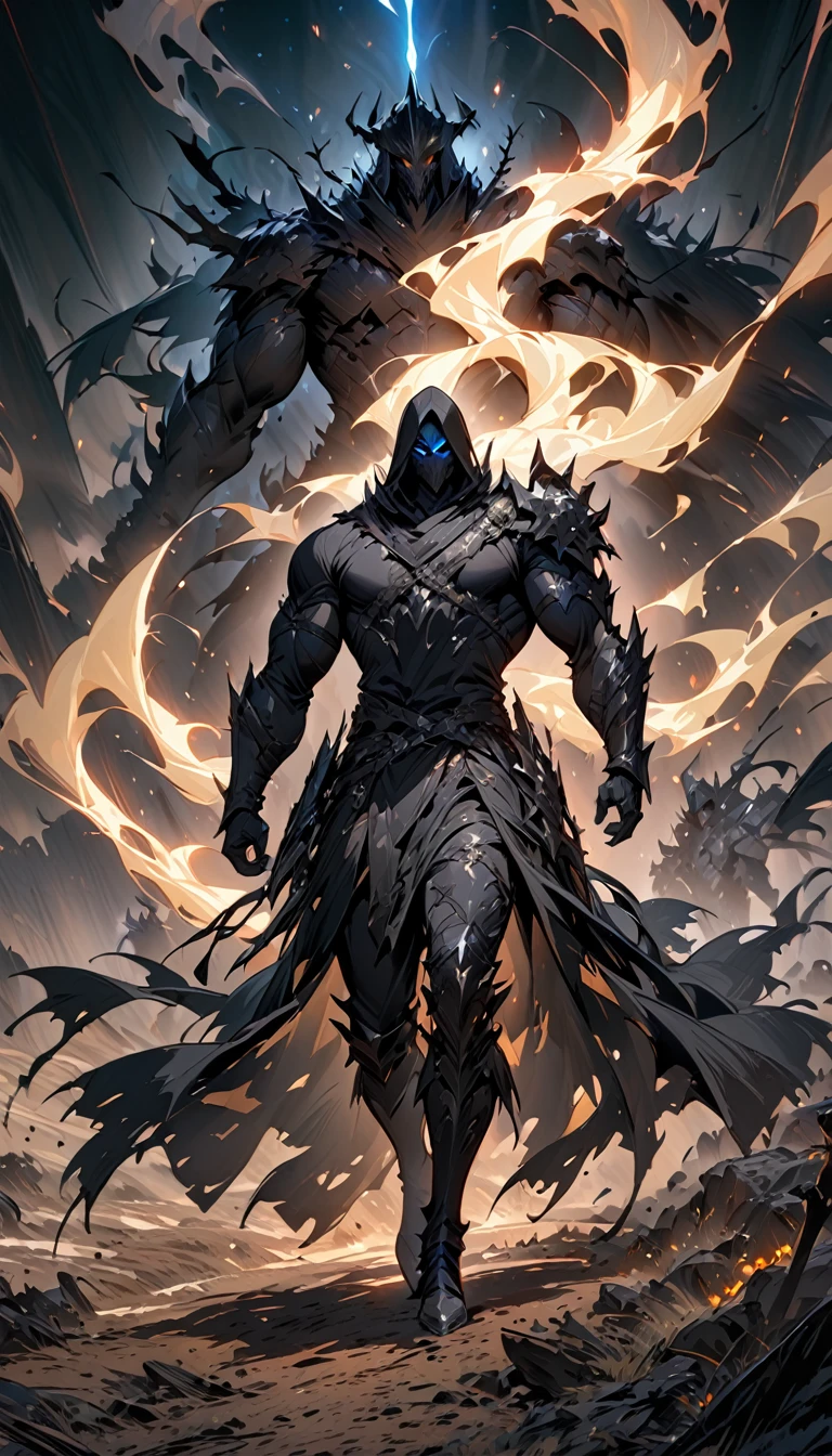 male black shadow ghost knight walking away from a battlefield, shadow, black, knight, ghost knight, full body view, Facing the front, shadow knight, glowing blue eyes,ชุดเกราะknightสีดํา , ผ้าคลุมขนสัตว์black(Masterpiece,best quality,special, (Broad shoulders)) (muscle), black smoke, dark, Masterpiece, Masterpiece lighting