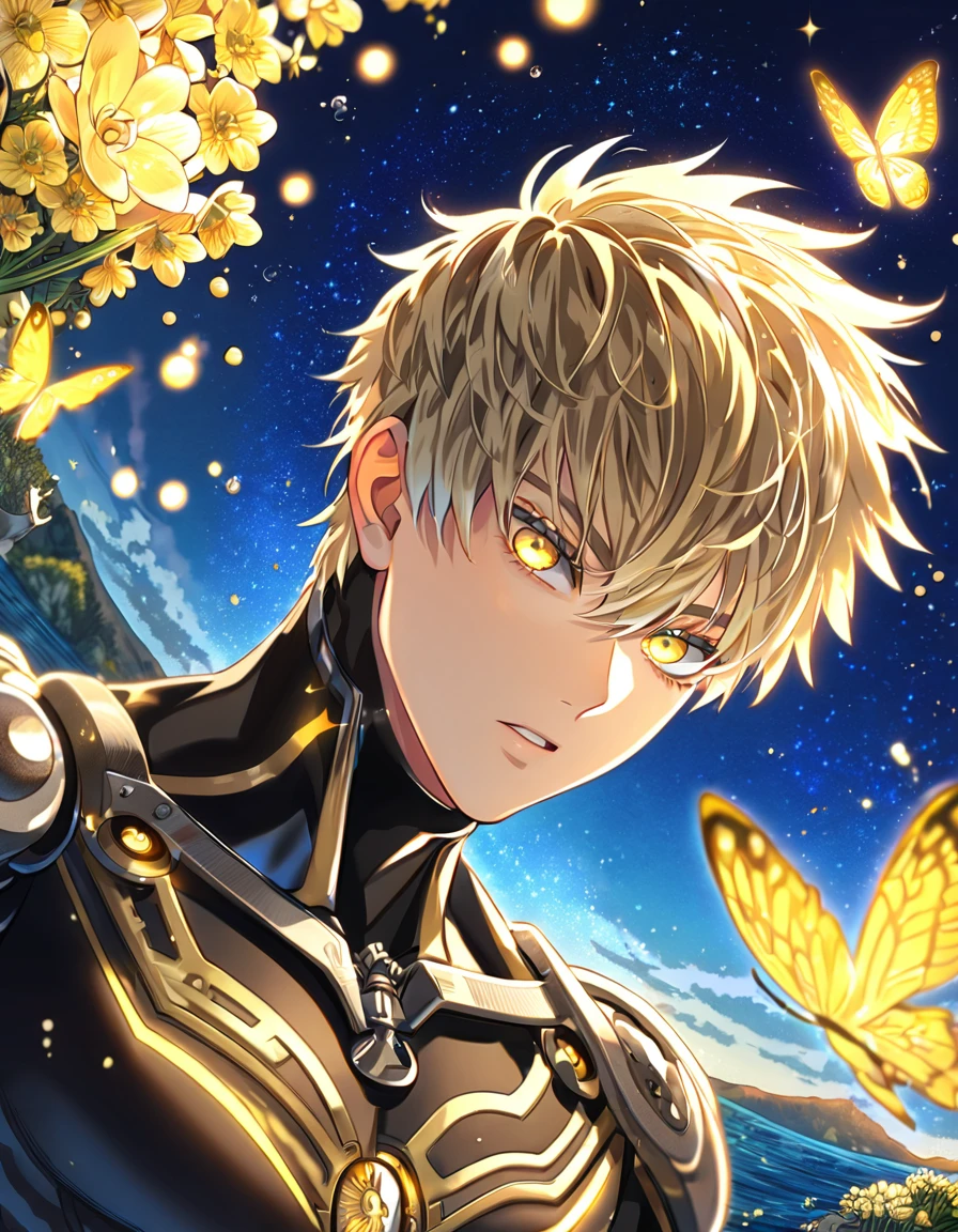 absurdres, highres, ultra detailed, HDR, master piece, best quality, extremely detailed, Genos, ash-blonde hair, expressive yellow eyes, One Punch Man, solo, sexy man, handsome, black clothes, fantasy, water, sparkling, yellow glittering fireflies, moon, yellow flowers, yellow butterflies, starry sky