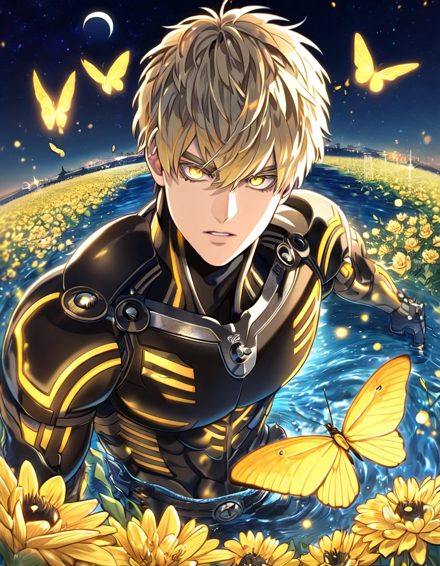 absurdres, highres, ultra detailed, HDR, master piece, best quality, extremely detailed, Genos, ash-blonde hair, expressive yellow eyes, One Punch Man, solo, sexy man, handsome, black clothes, fantasy, water, sparkling, yellow glittering fireflies, moon, yellow flowers, yellow butterflies, starry sky