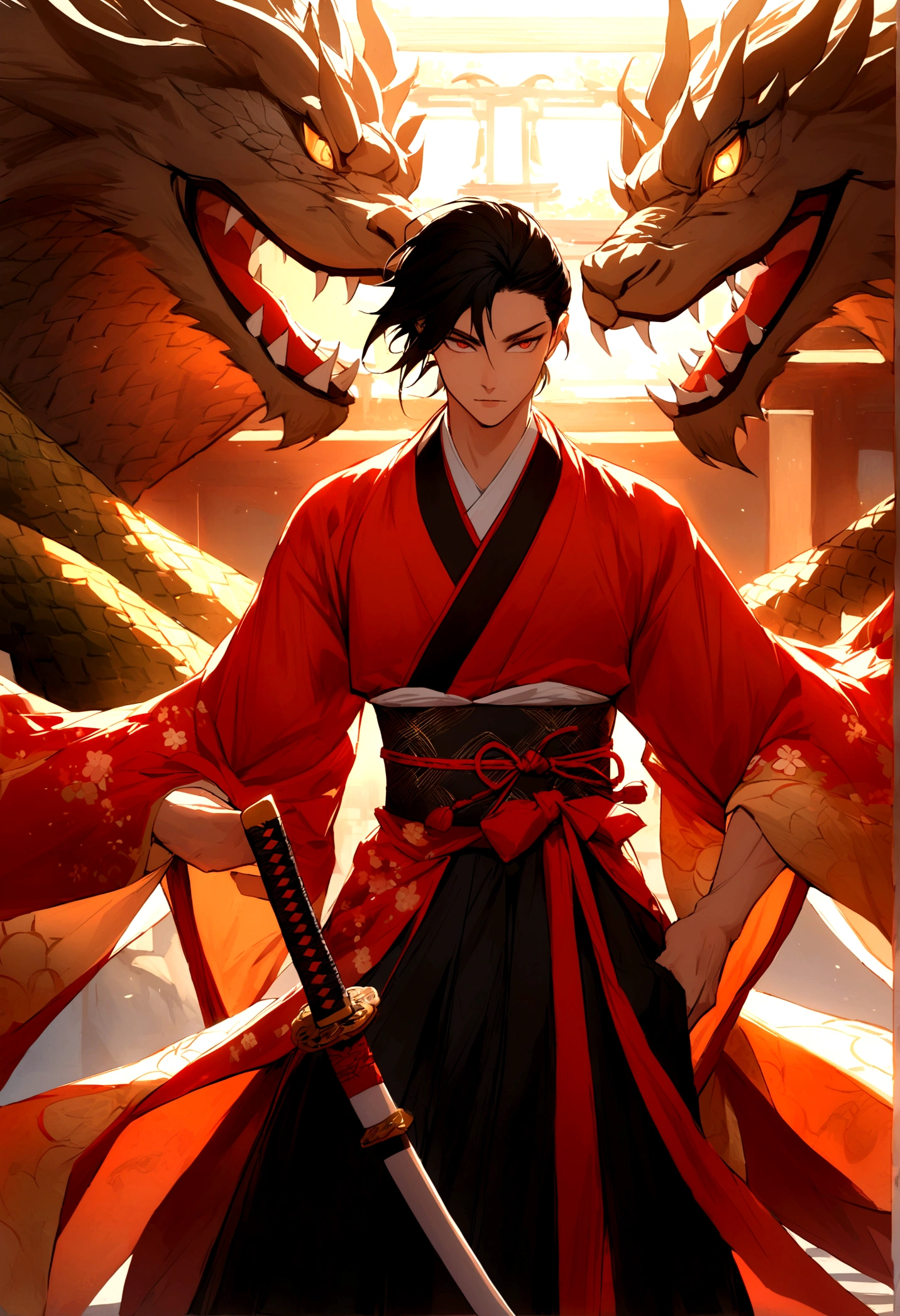 /imagine "A young male warrior with long, silky hair, with a beautiful and captivating appearance. He wears a detailed traditional Japanese kimono, and two katanas are firmly attached to his waist. The young man is facing an imposing and majestic Chinese dragon, its scales shining with a touch of realism. Art must be anime style, but with a high level of realism and impressive detail, capturing every nuance and expression. ultra high quality."
