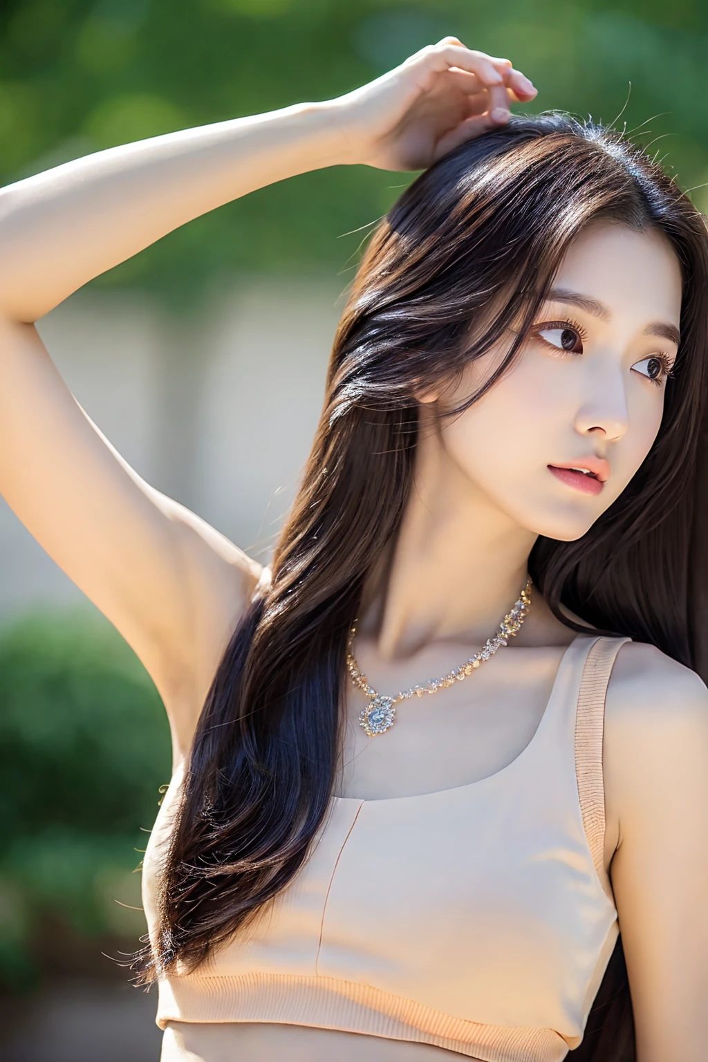 real picture,(lifelike, high resolution:1.3),(whole body:1.5), 1 girl with a perfect figure:1.4, Delicate facial features,Double eyelids,Long eyelashes,Tall nose,Wear a necklace,Long hair,Lean abdominal muscles:1.1 random color skirt:1.2, Big ,